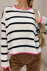 White Stripe Colour Contrast Drop Shoulder Crew Neck Sweater - WHITE STRIPE / / 55%ACRYLIC+%COTTON White Stripe Colour Contrast Drop Shoulder Crew Neck Sweater - WHITE STRIPE / / 55%ACRYLIC+%COTTON