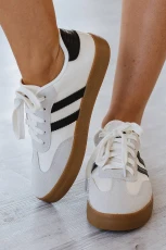 White Striped Lace-up Flat Trainers - WHITE /