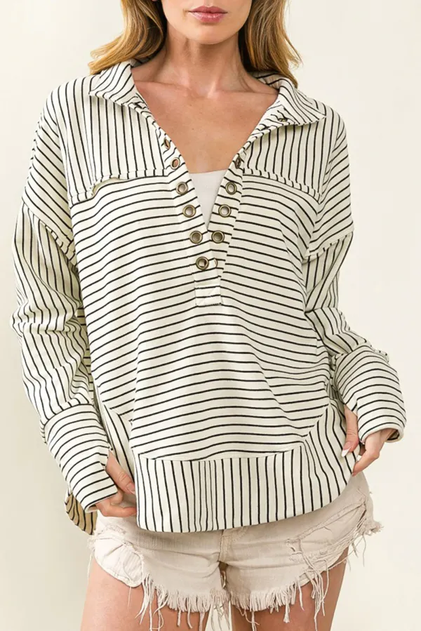White Striped Thumbhole Drop Shoulder V Neck Top - WHITE / 2XL / 95%POLYESTER+%ELASTANE