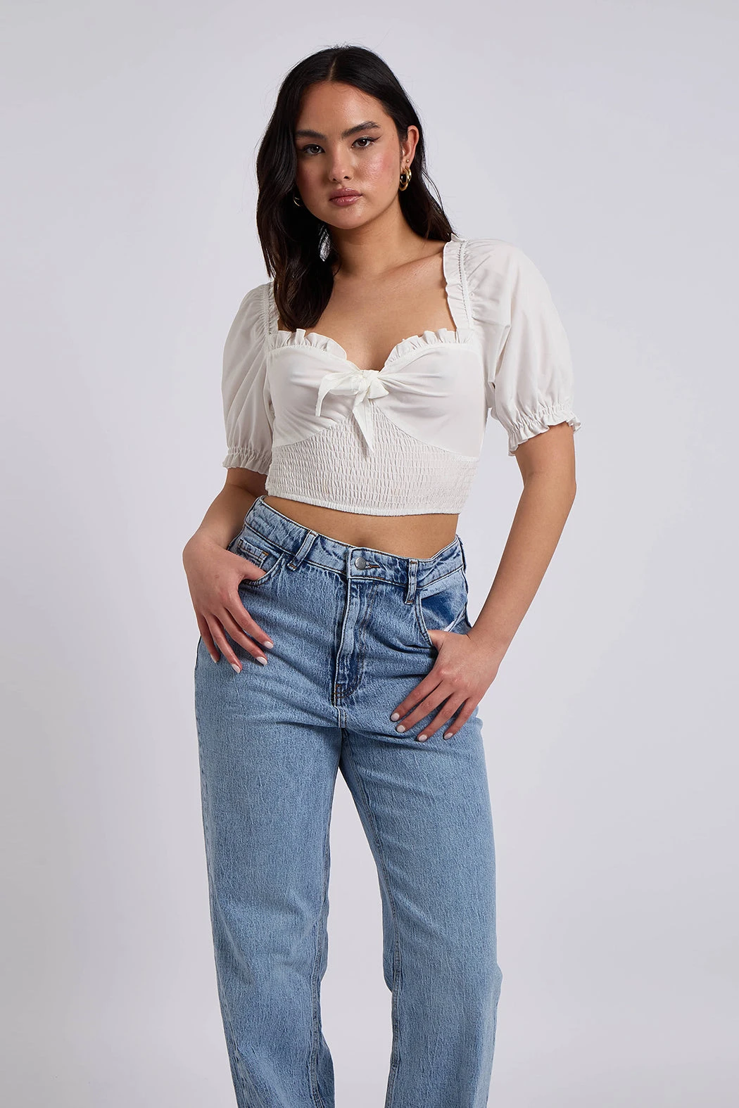 White Tie Front Shirred Top /