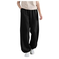 White Trousers Women's 44 Elastic Loose Cotton Trousers Trouser Pocket Women Waist Bloomers Trousers Hiking Clothing Women's Trousers, black, L