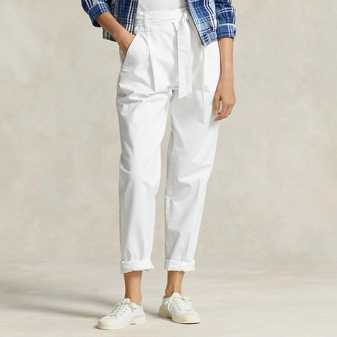 White Twill Cotton Blend Trousers