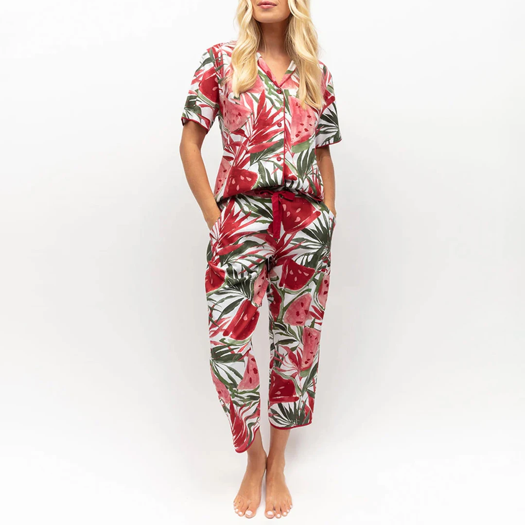 White Watermelon Print Cropped Pyjama Set