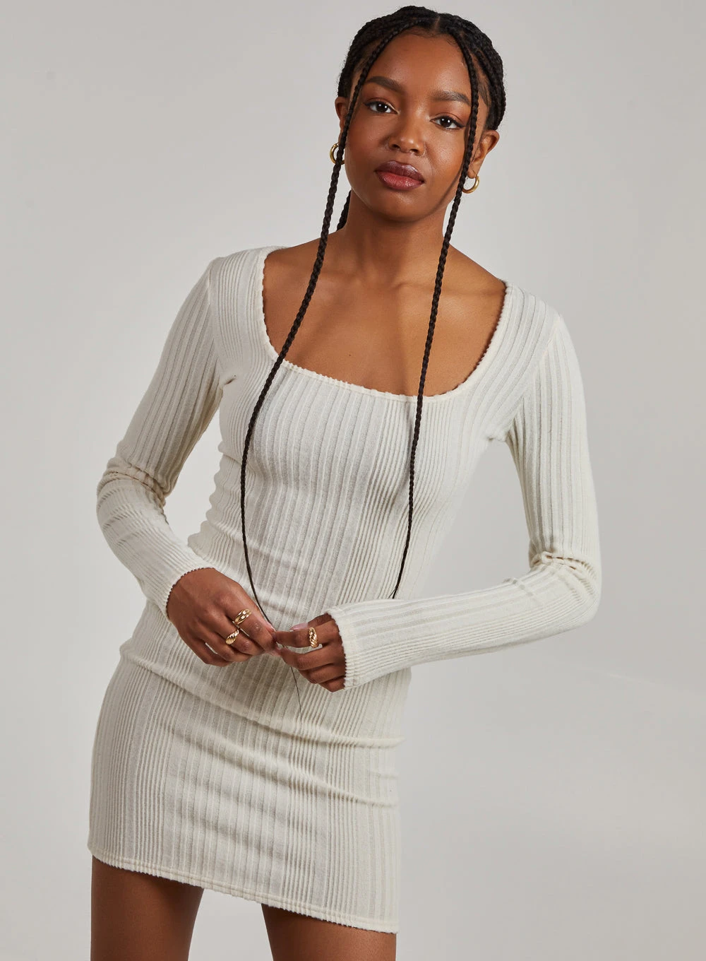 Wide Brushed Rib Long Sleeve Square Neck Dress  - L  - Ivory