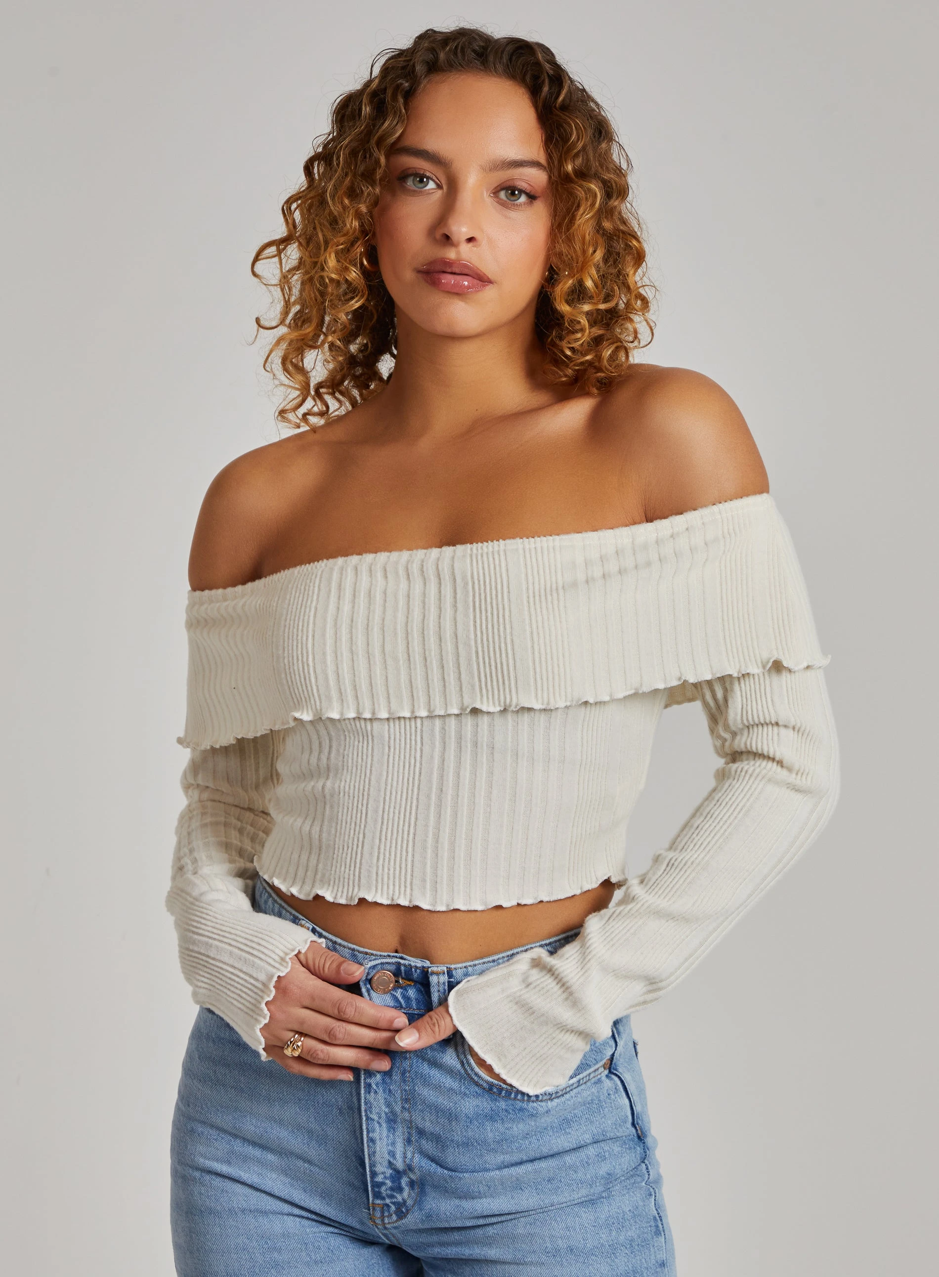 Wide Brushed Ribbed Bardot Top  - L  - Ivory