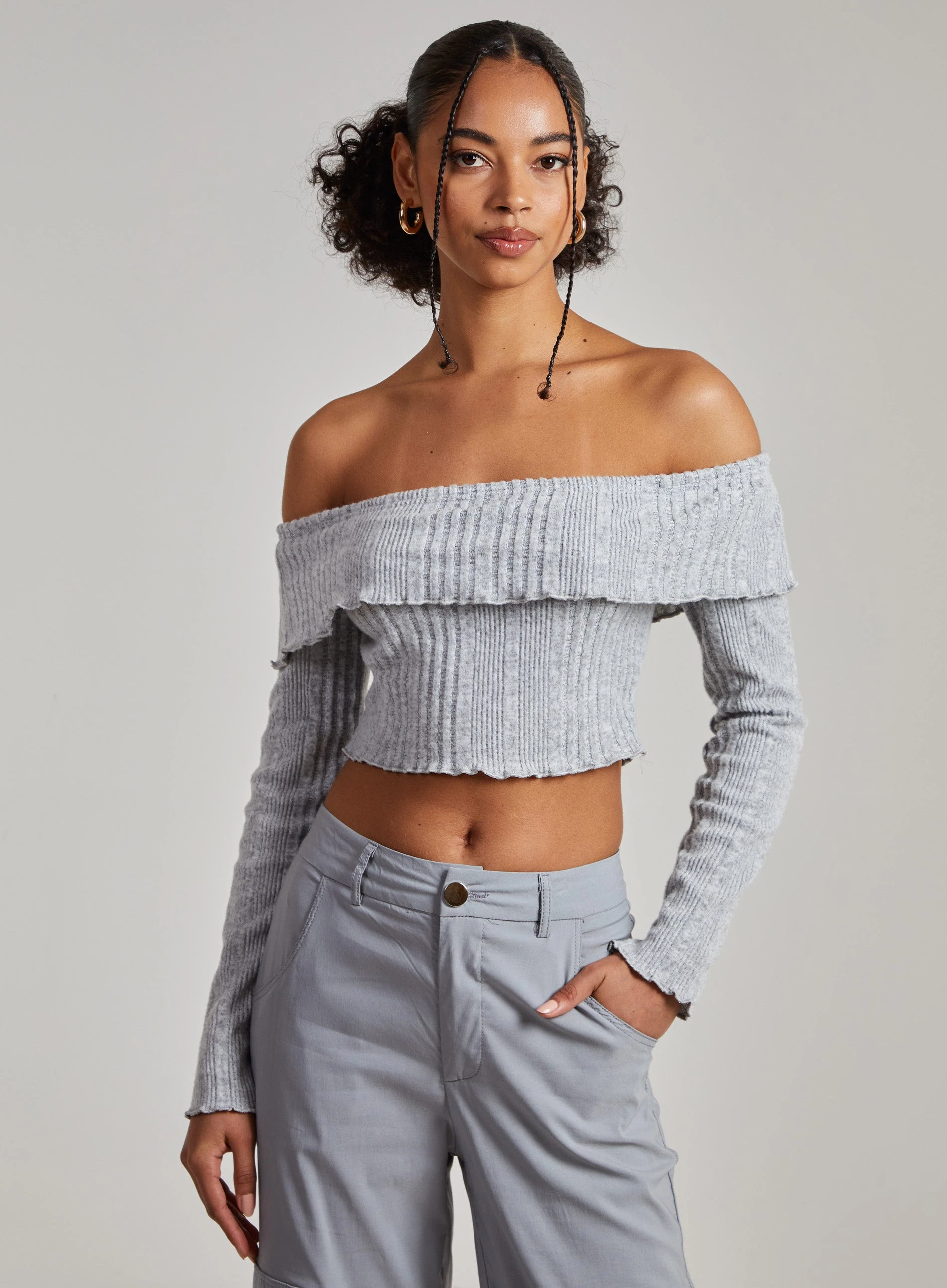 Wide Brushed Ribbed Bardot Top  - M  - Grey