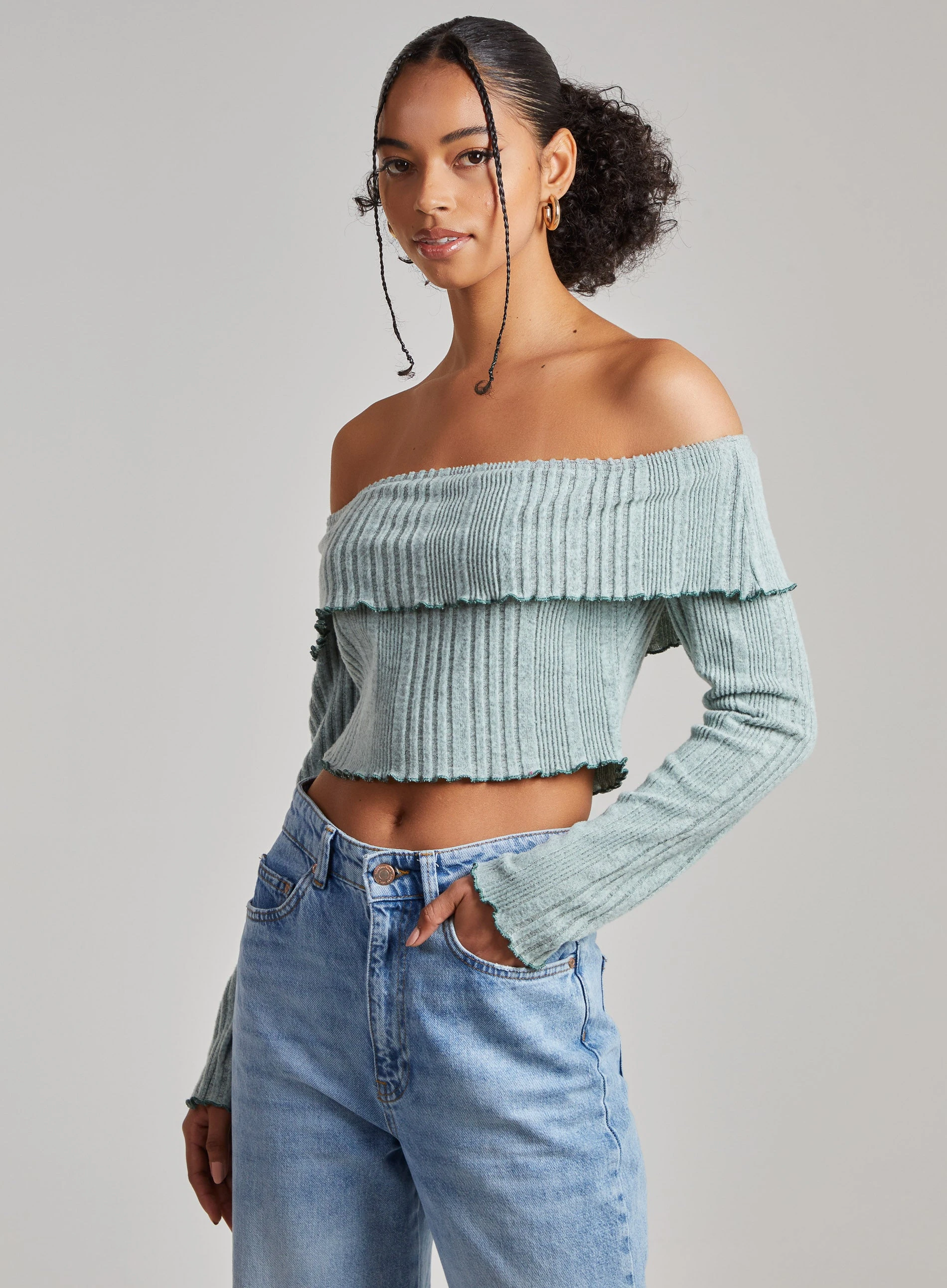 Wide Brushed Ribbed Bardot Top  - S  - Sage