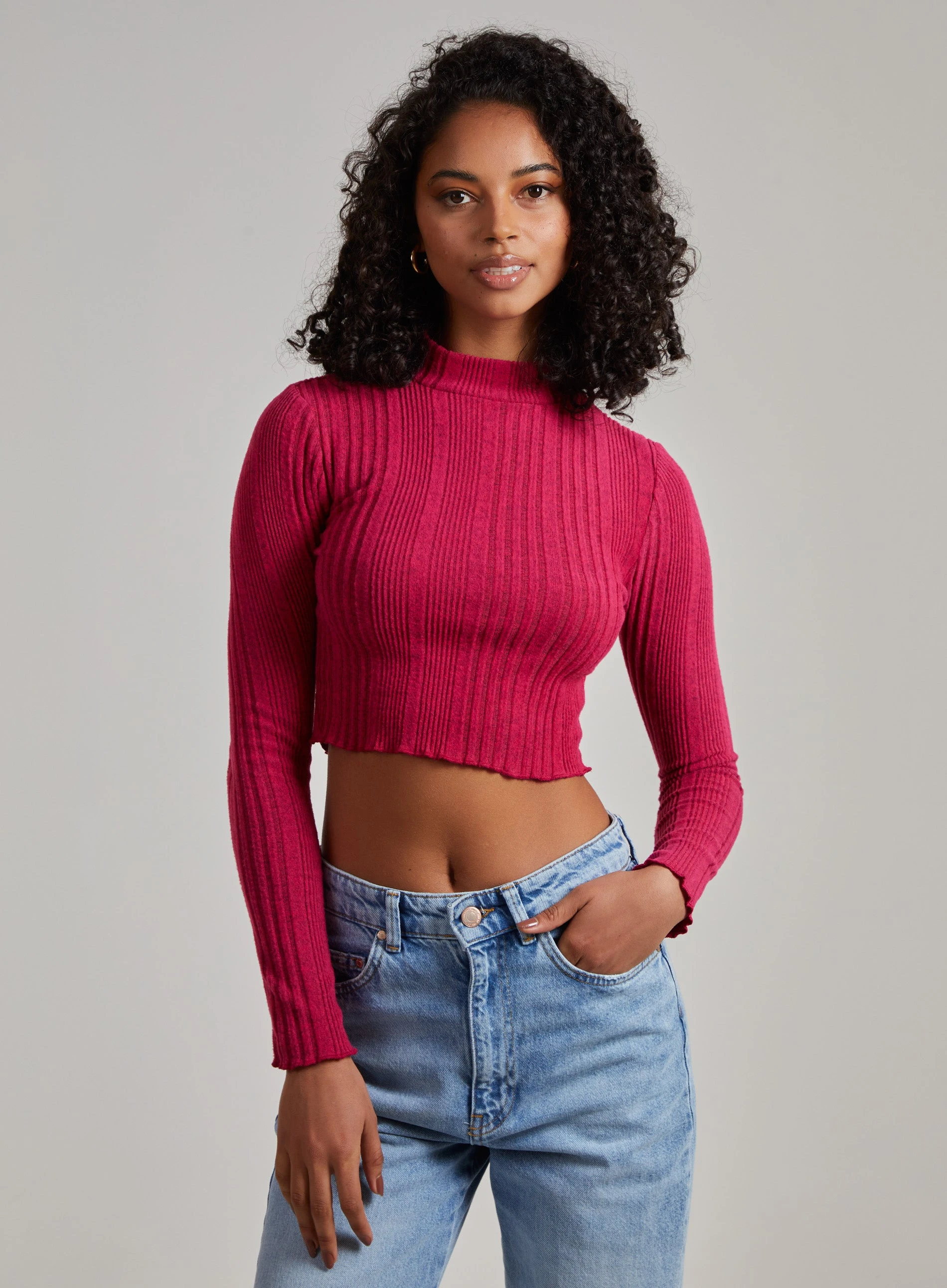 Wide Brushed Ribbed Lettuce Hem Long Sleeve Crop Top  - M  - Hot Pink