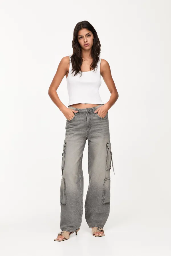 Wide-Leg Cargo Jeans - Grey