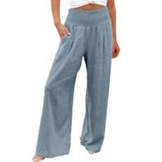 Wide Leg Linen Trousers for Women UK High Waisted Plicated Flowy Solid Palazzo Casual Soft Baggy Cotton Harem Yoga Pilates Pants with Pockets Summer Ladies Plus Size Flared Boho Hippie Beach Trousers
