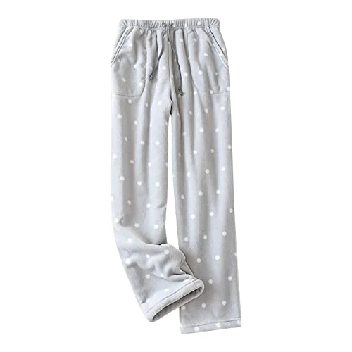 Wide Leg Trousers for Women UK Fleece Pyjamas Thermal Straight Pajamas Elastic Waist Loose Loungewear Winter Warm Nightwear Bottoms Baggy Soft Household Clothes Home Workout Sweatpants