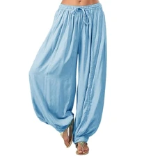 Wide Leg Trousers for Women UK Plus Size Solid Color Casual Loose Yoga Pants Elactic Waist Hippie Pyjama Bottoms Long Lounge Pants Drawstring Plain Printed Trousers(Blue,S)