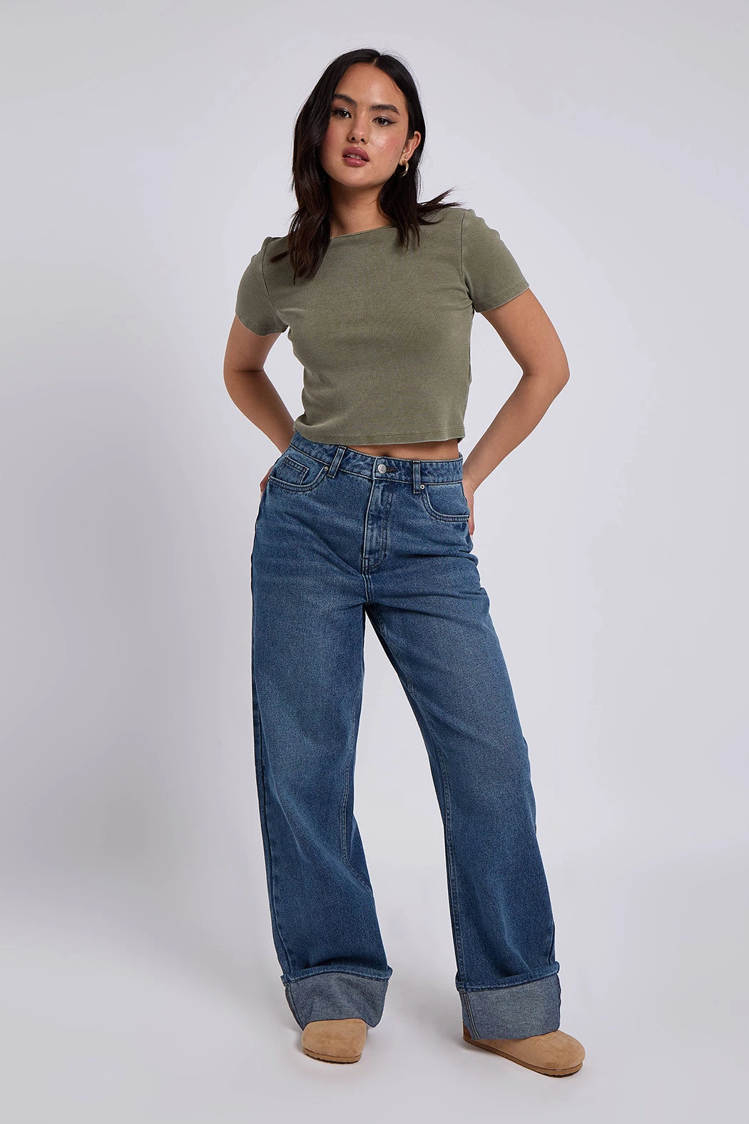 Wide Leg Turn Up Jean Midblue /