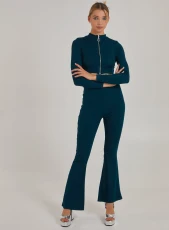 Wide Ribbed Flare Trousers  - M  - Teal