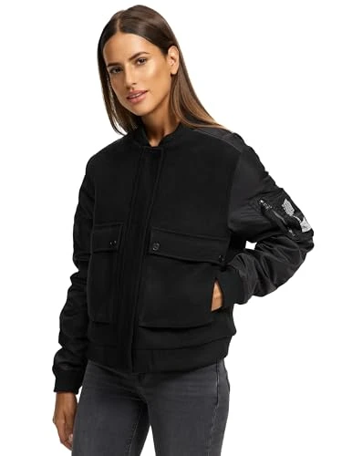 Willstehaben Women's Bomber Jacket Lightweight Transition Jacket with Sleeve Ruffles 14 XS-XXL, black, M