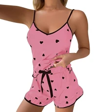 Wine Pajama Set for Women Women's Ice Silk Shredded Milk Suspender Home Clothes Set Soft Love Printed Pajama Set Short Sleeve Button down Pajama Set for Women