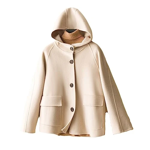 Winter Cashmere Coat Hoodie Wool Jacket Women's Merino Wool Fall Women's Retro Trend Coat Beige XL