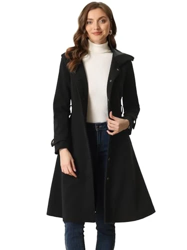 Winter Coat for Women's Single Breasted Trench Coat Pockets Hooded Long Sleeve Overcoat Black L