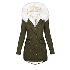 Winter Coat Women's Warm Long Jacket Cotton Plain Hiking Jacket with Hood Winter Coat Long Sleeve Elegant Quilted Coat Autumn Winter Outdoor Cotton Jacket Cuddly Winter Parka Coat, Army Green,