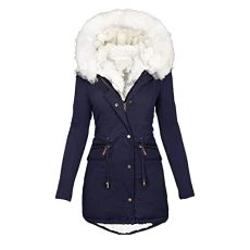 Winter Coat Women's Warm Long Jacket Cotton Plain Hiking Jacket with Hood Winter Coat Long Sleeve Elegant Quilted Coat Autumn Winter Outdoor Cotton Jacket Cuddly Winter Parka Coat, navy, XXL