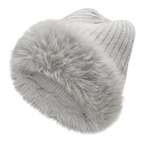 Winter Faux Fur Slouchy Beanie Hat for Women Warm Knit Stretch Cuffed Skull Cap(Solid Gray)