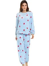 Winter Flannel Pajama Sets for Women Cute Printed Long Sleeve Nightwear Top and Pants Loungewear Soft Sleepwears Strawberry printed Blue 16