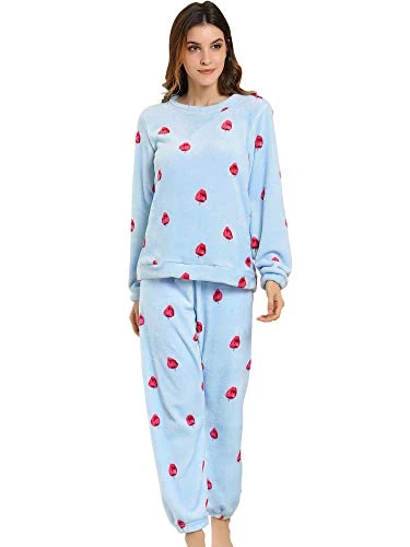 Winter Flannel Pajama Sets for Women Cute Printed Long Sleeve Nightwear Top and Pants Loungewear Soft Sleepwears Strawberry printed Blue 16