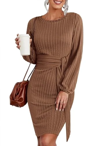 Winter Jumper Dresses Women UK Knitted Dress Ladies Sweater Round Neck Dress Borwn XL