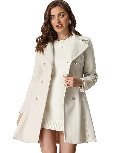 Winter Long Coat for Women's Lapel Collar Double Breast Coats Cream White XS