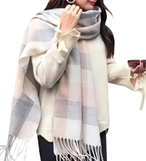 Winter Long Soft Warm Tartan Check Scarves Wraps for women Wool Spinning Tassel Shawl Long Stole， Grey white， One Size
