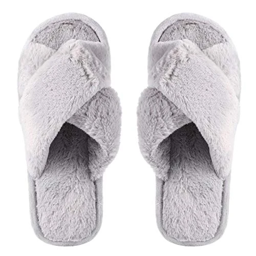 Winter Plush Cross Slipper Coral Fleece Furry Fluffy Open Toe House Shoes for Women Indoor Comfy Slip On Footwear Supply(Grey)