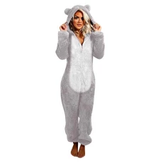 Winter Plush Pajams Onesie Bear Sleepwear Long Sleeve Zipper Hooded Jumpsuit Home Clothes Casual Thermal Thick Fleece Jacket Women Household Warm Nightwear Fashion Cute Girls Coats Grey