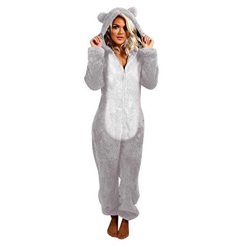 Winter Plush Pajams Onesie Bear Sleepwear Long Sleeve Zipper Hooded Jumpsuit Home Clothes Casual Thermal Thick Fleece Jacket Women Household Warm Nightwear Fashion Cute Girls Coats Grey