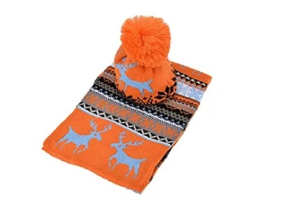 Winter Warm Women Sweet Deer Pattern Long Scarf Shawl + Ski Hat Set (Orange)