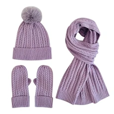 Winter Women's Knitted Hat Scarf Gloves Solid Color Plus Velvet Wool Hat Warm Three Set Scarf Gloves Set (Purple, One Size)