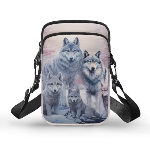 Wolf Small Crossbody Bags for Women Messenger Bag Cool Animal Print Cell Phone Purses for Men Mini Cross Over Body Shoulder Handbag Purse With Adjustable Strap Teen Wallets Purple