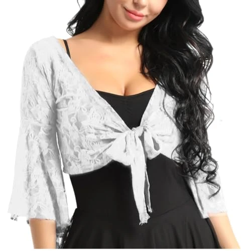 Woman Belly Dance Lace Top Cardigan Shrug Front Tie Wrap Top Costume Crop Top Tees White One Size