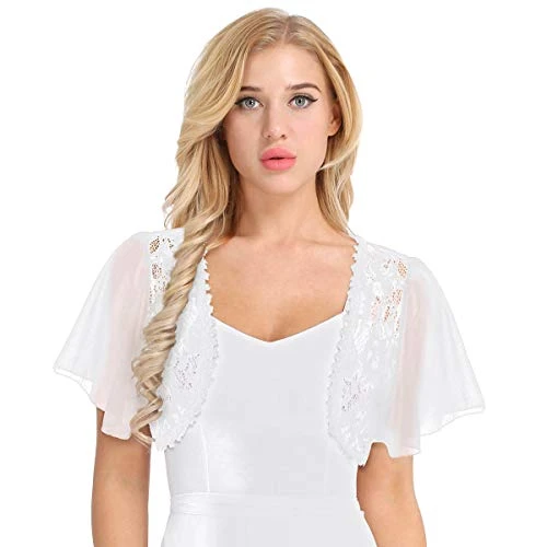 Woman Lace Bolero Cardigan Short Sleeve Open Front Shrug Cardigan Jacket Crop Top White Large