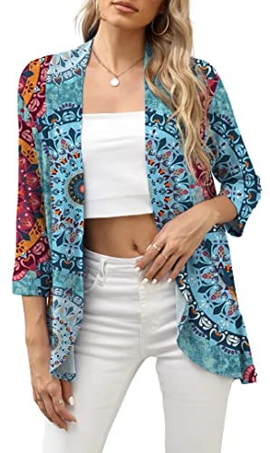 Woman Open Front Cardigans Casual 3/4 Sleeve Flowy Floral Printed Summer Shrugs(Small, Fp Mix Blue)