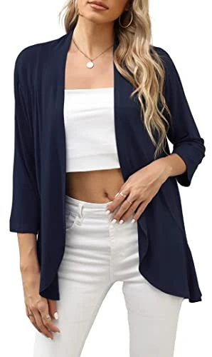 Woman Open Front Cardigans Casual 3/4 Sleeve Flowy Floral Printed Summer Shrugs(Small, Navy Blue)