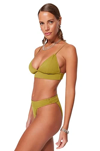 Woman Plain Knit Bikini Set,Olive Green,34