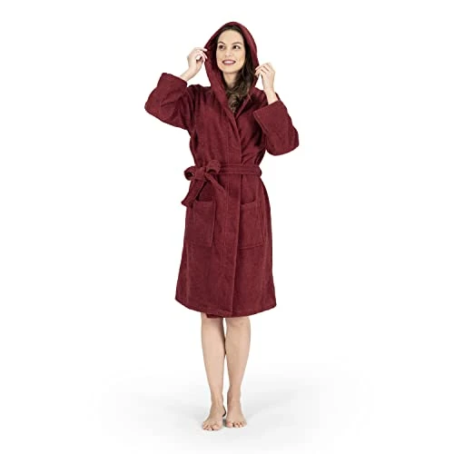 Woman's Hooded Terry Cloth Luxury Bathrobe, 1% Turkish Cotton, Red, XS