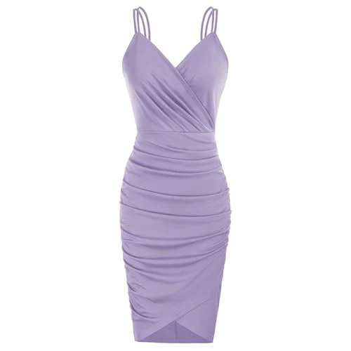 Women 1950s Party Cocktail Dress for Summer Cami Dress V-Neck Ruched Mini Bodycon Dress Light Purple L