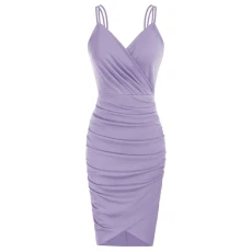 Women 1950s Party Cocktail Dress for Summer Cami Dress V-Neck Ruched Mini Bodycon Dress Light Purple L
