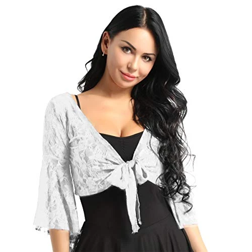 Women 3/4 Bell Sleeve Dance Costume for Belly Dance Latin Crop Top Lace Wrap Shawl Shrug Cover Up Wh