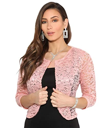 Women 3/4 Sleeve Collarless Lace Evening Shrug, (Pink, 8), 3918-PNK-08