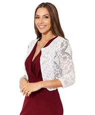 Women 3/4 Sleeve Collarless Lace Evening Shrug, (White, ML), 3918-WHT-ML Women 3/4 Sleeve Collarless Lace Evening Shrug, (White, ML), 3918-WHT-ML