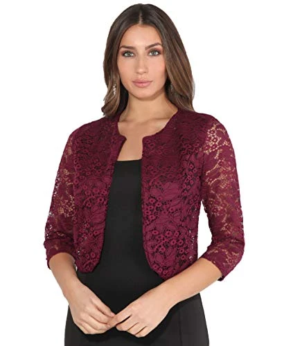 Women 3/4 Sleeve Collarless Lace Evening Shrug, (Wine, 20), 3918-WIN-20