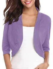 Women 3/4 Sleeve Cropped Cardigans Open Front Bolero Shrug Knit Sweater Jacket, # 1 Light Purple, Small