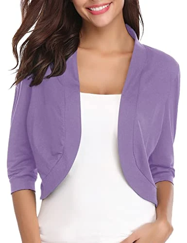 Women 3/4 Sleeve Cropped Cardigans Open Front Bolero Shrug Knit Sweater Jacket, # 1 Light Purple, Small